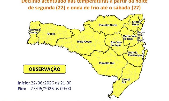 Defesa Civil de Balneário Camboriú alerta para queda de temperatura nesta segunda-feira
