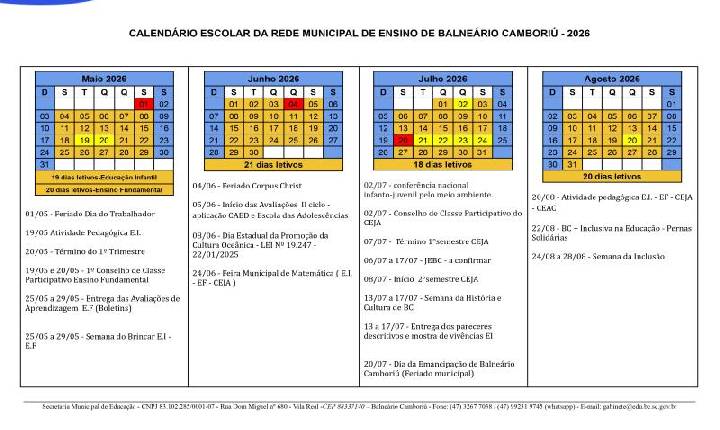 Recesso de inverno da Rede Municipal de Ensino de Balneário Camboriú inicia no próximo dia 21