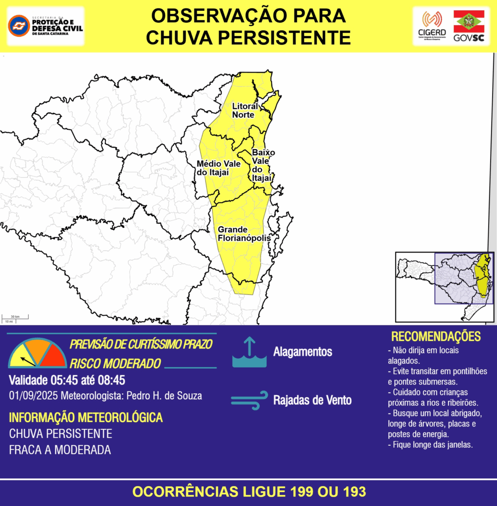 CHUVA PERSISTENTE nas próximas 3 horas. Ocorrências ligue 199 ou 193