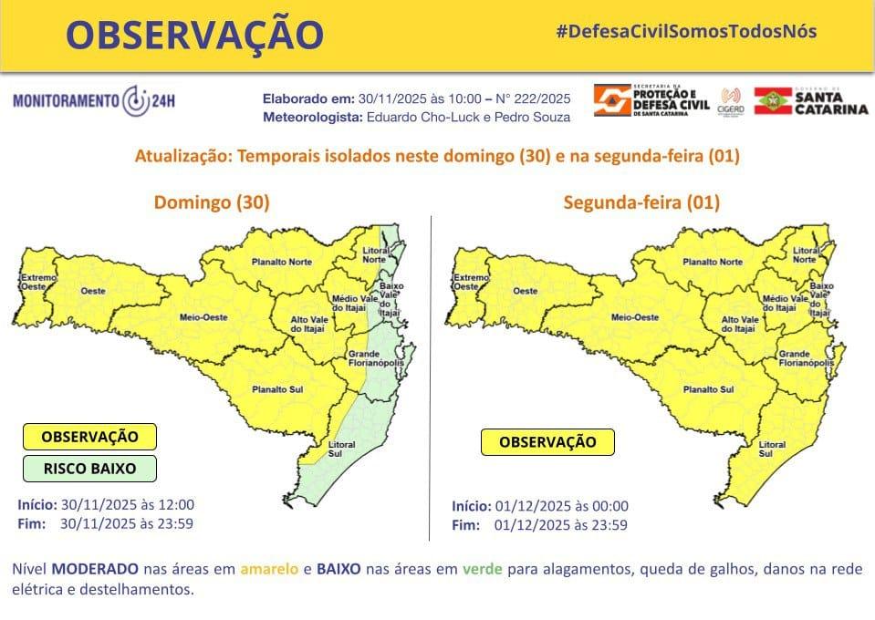 Defesa Civil emite aviso de observação para temporais em Balneário Camboriú