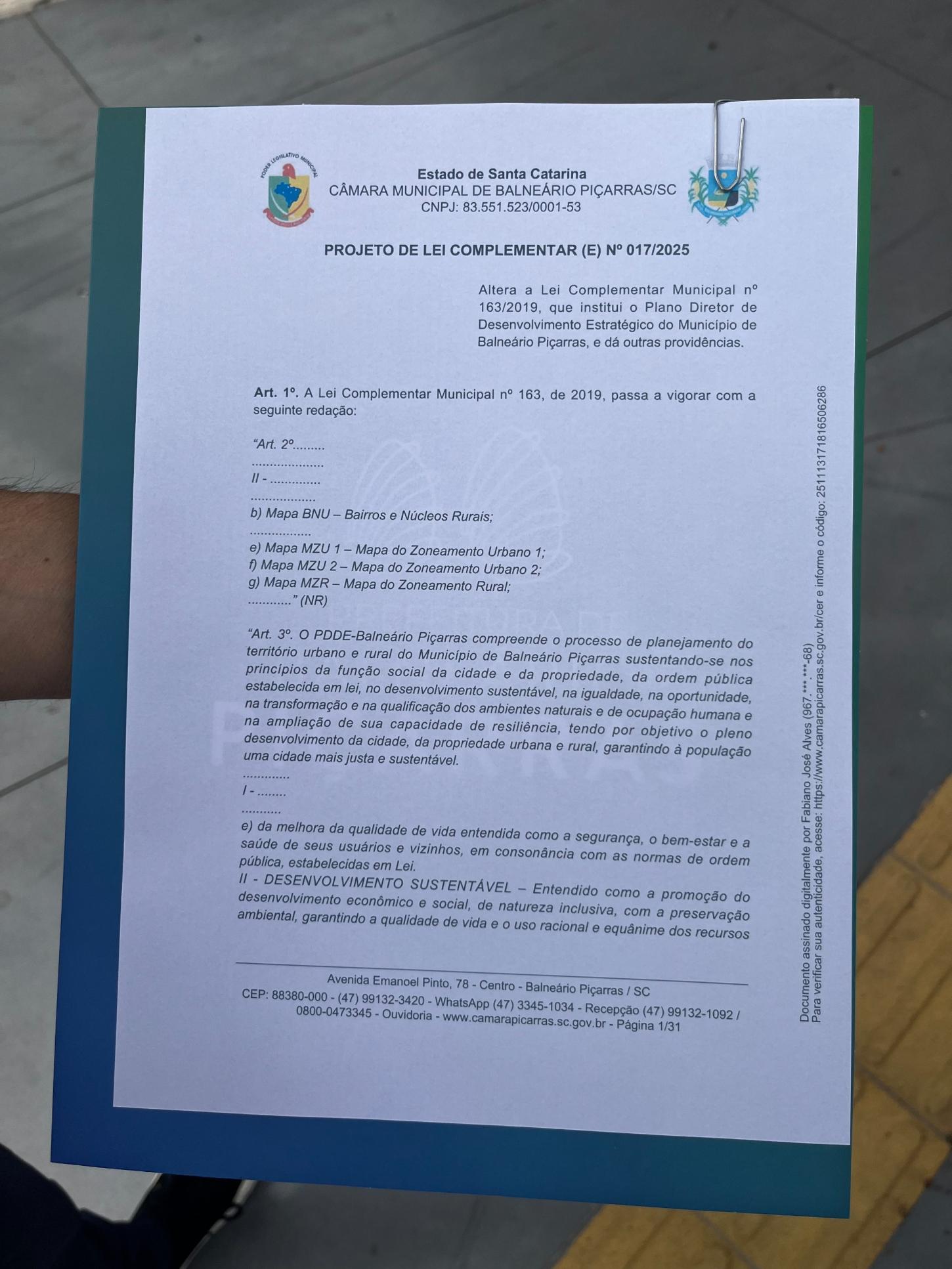 Prefeitura de Balneário Piçarras encaminha projeto de lei para ajustes do Plano Diretor