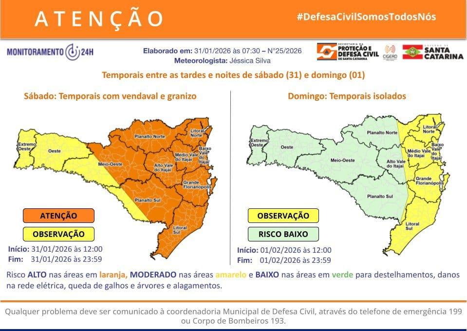 Defesa Civil: alerta de temporais em Balneário Camboriú permanece para este sábado