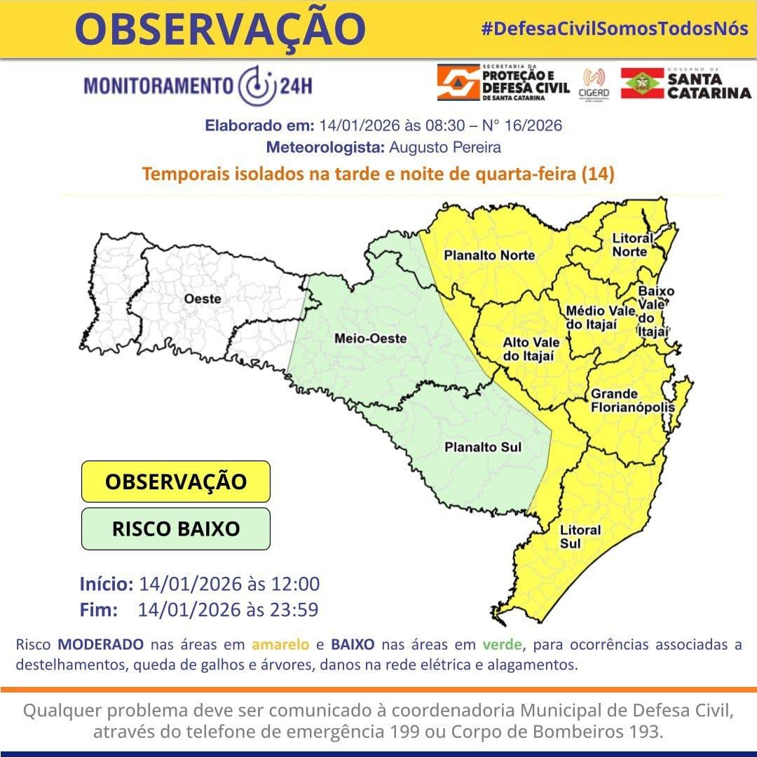 Defesa Civil de Balneário Camboriú mantém município em observação para temporais isolados