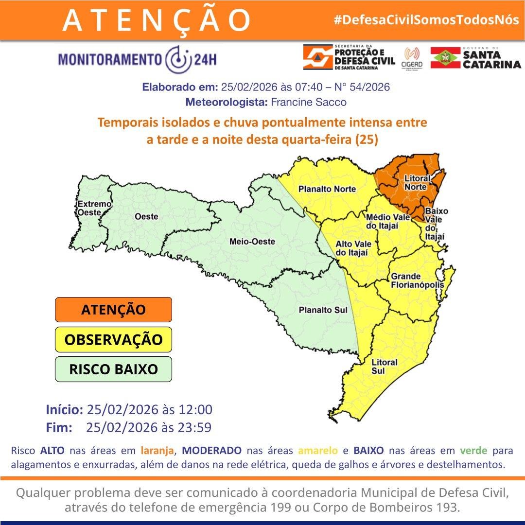 Defesa Civil alerta para risco alto de temporais nesta quarta-feira