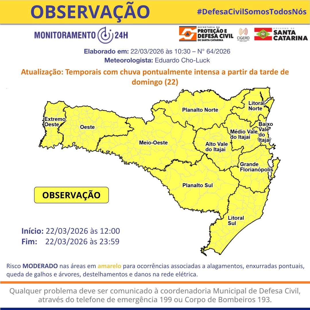 Defesa Civil de Balneário Camboriú alerta para possibilidade de temporais neste domingo