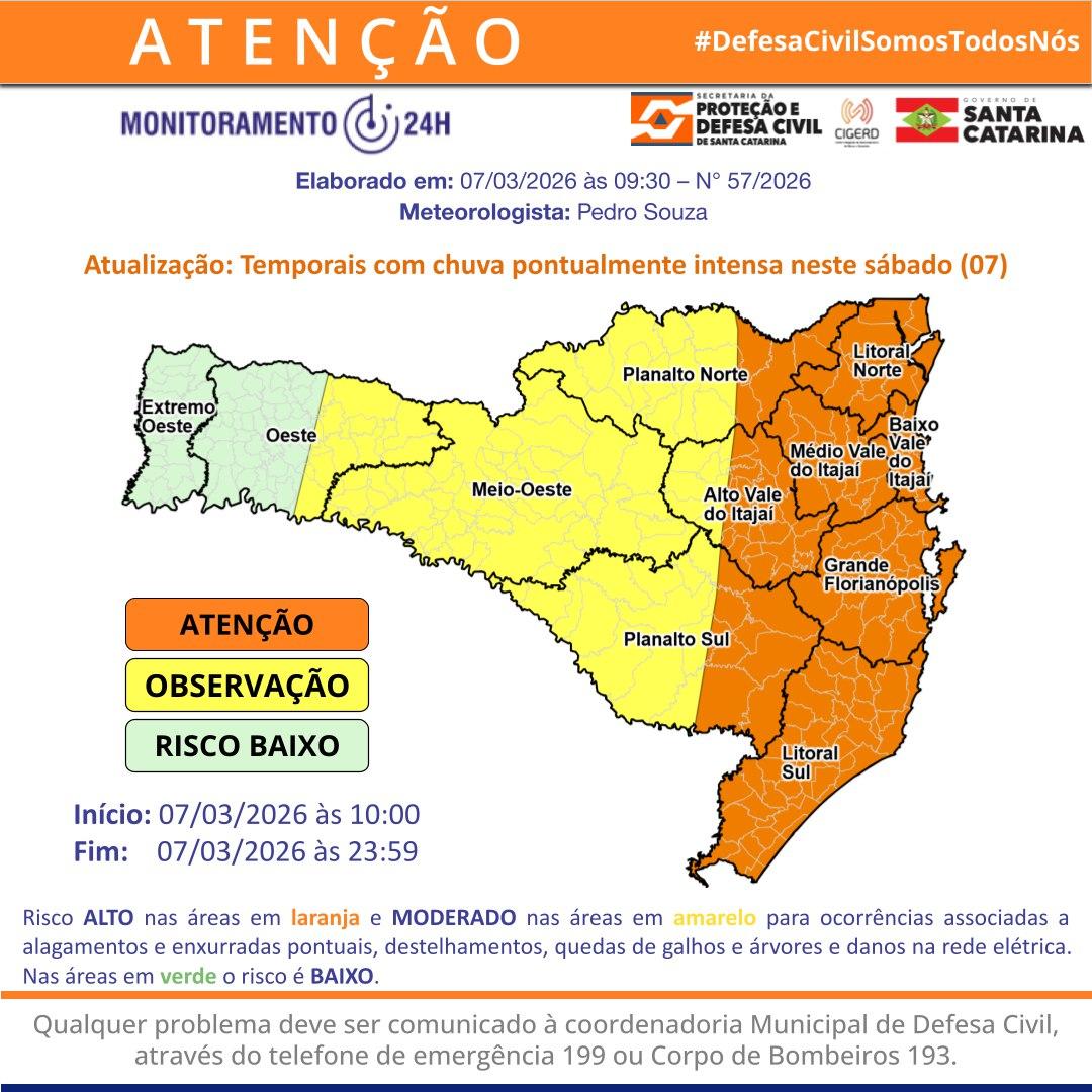 Defesa Civil de Balneário Camboriú alerta para risco de temporais neste sábado