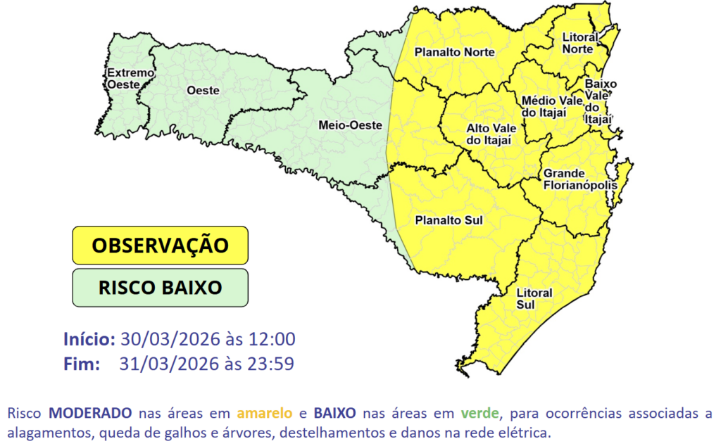 Março se despede com temporais e chuva pontualmente intensa entre a tarde de segunda (30) e a terça-feira (31)