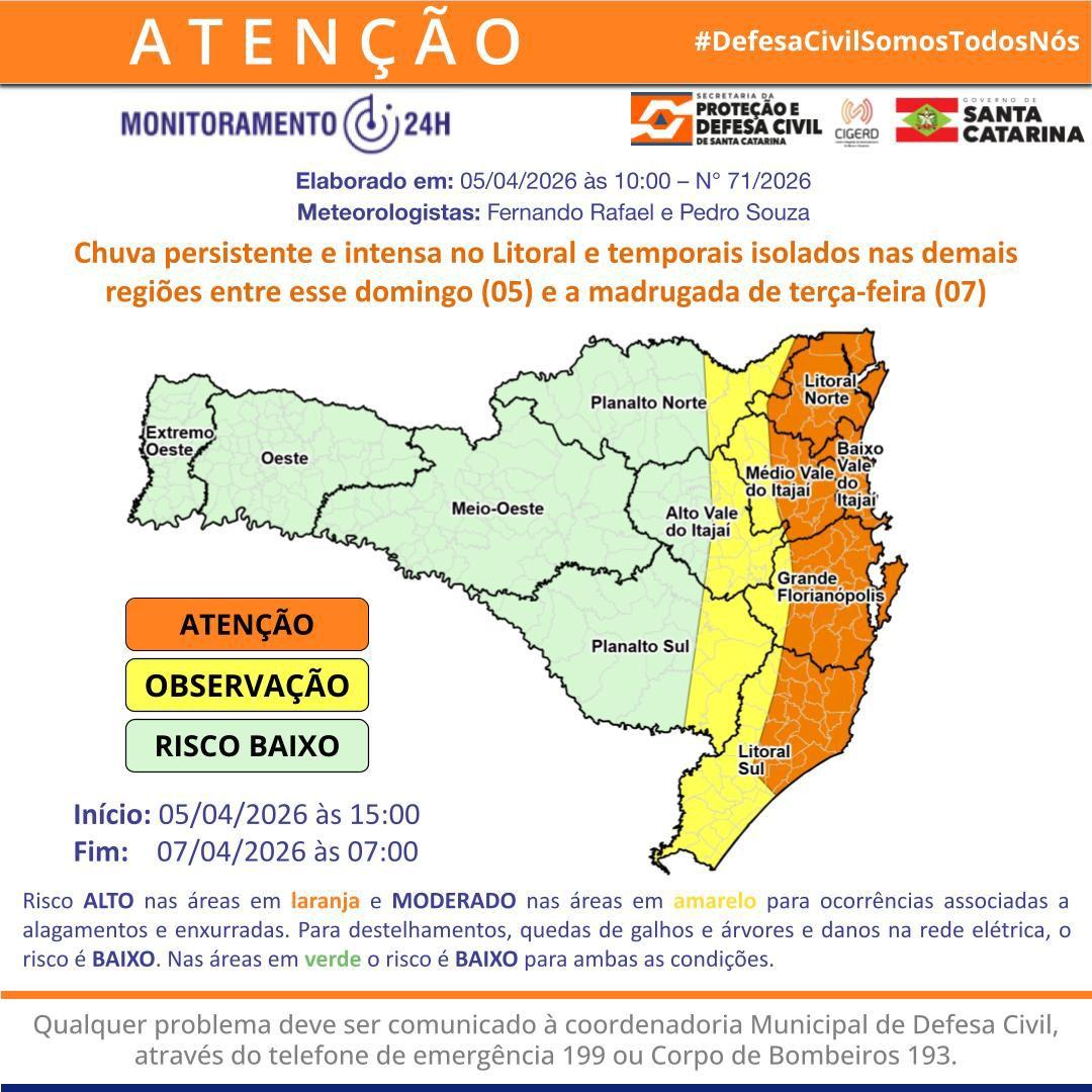 Balneário Camboriú: Defesa Civil alerta para chuva persistente e intensa a partir deste domingo