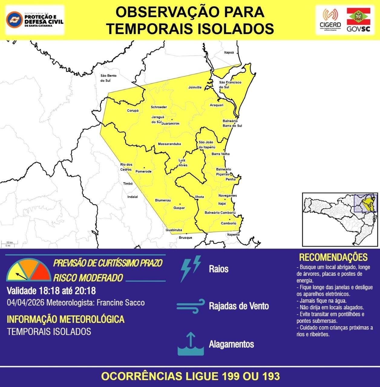 Defesa Civil alerta para possibilidade de temporais isolados na noite deste sábado
