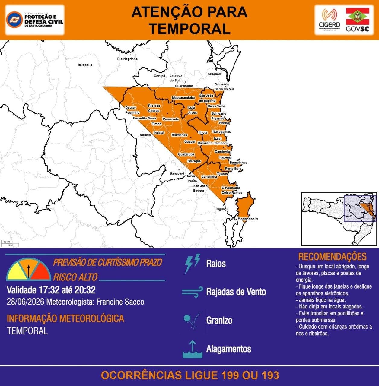 Defesa Civil alerta para temporal a partir da noite deste domingo