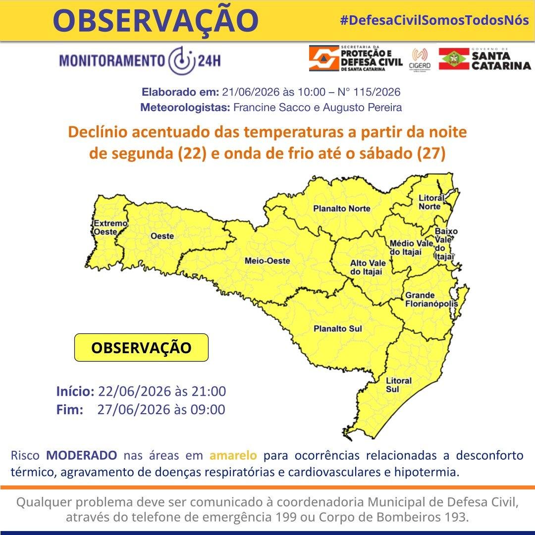 Defesa Civil de Balneário Camboriú alerta para queda de temperatura nesta segunda-feira