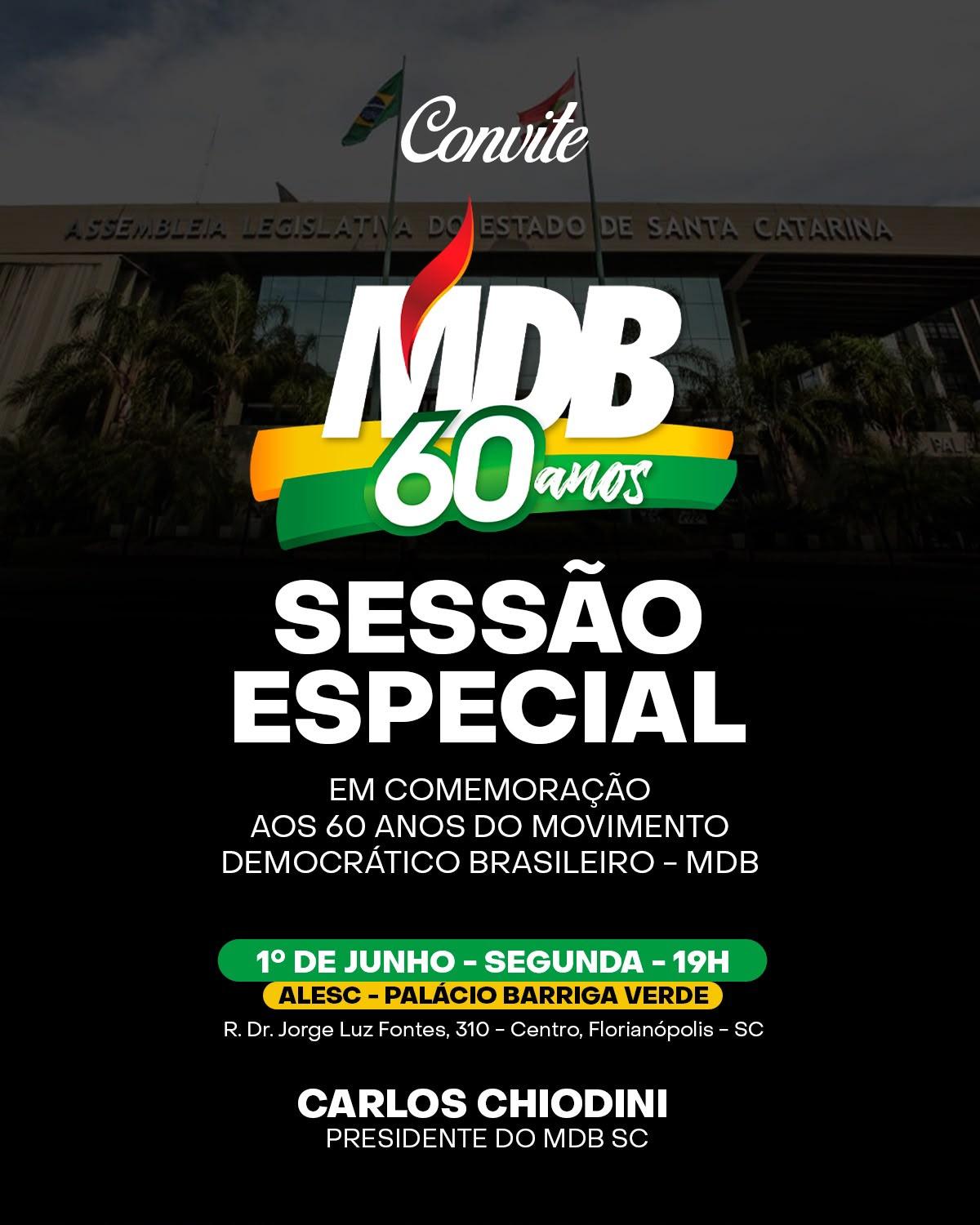MDB de Santa Catarina será homenageado pelos 60 anos na Alesc