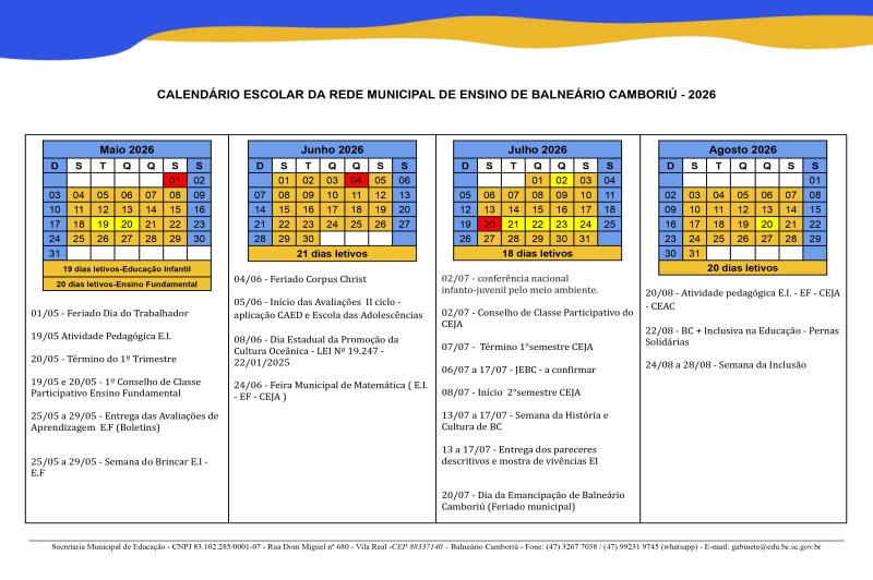 Recesso de inverno da Rede Municipal de Ensino de Balneário Camboriú inicia no próximo dia 21