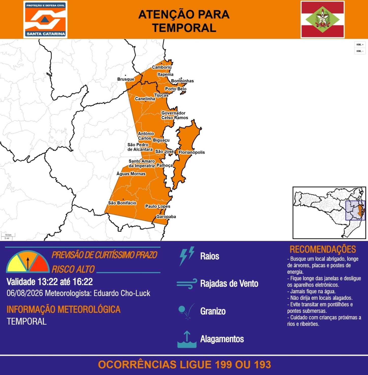 Defesa Civil alerta para risco de temporais em Balneário Camboriú nesta quinta-feira 