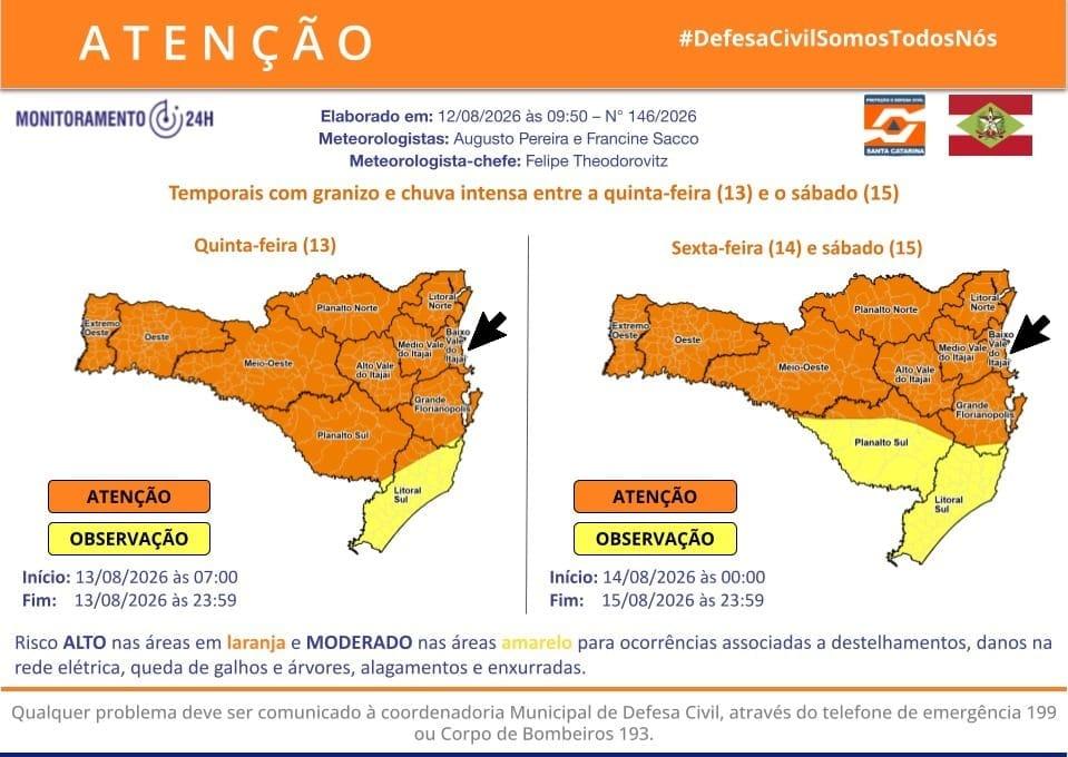 Defesa Civil alerta para temporais com granizo e chuva intensa entre quinta-feira e sábado