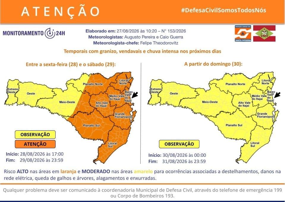 Defesa Civil alerta para temporais com granizo e chuva intensa entre sexta-feira e sábado