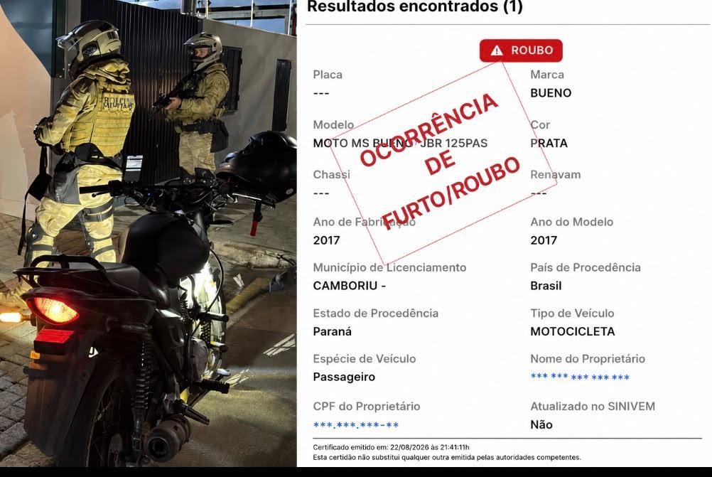Polícia Militar de Itajaí recupera motocicleta furtada e prende homem por receptação culposa