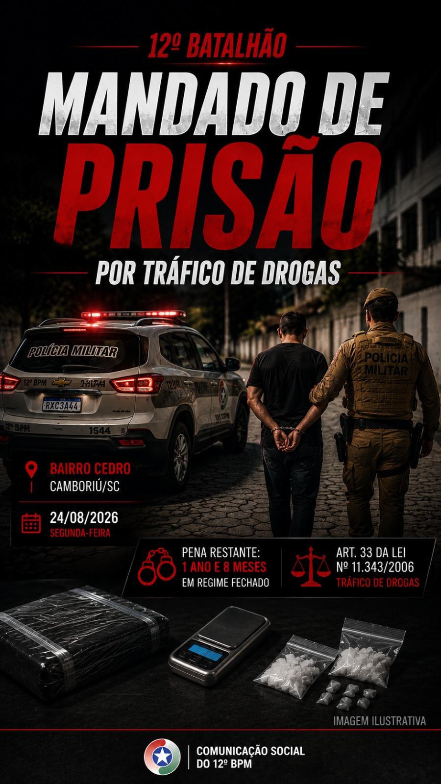12º BATALHÃO CUMPRE MANDADO DE PRISÃO POR TRÁFICO DE DROGAS EM CAMBORIÚ