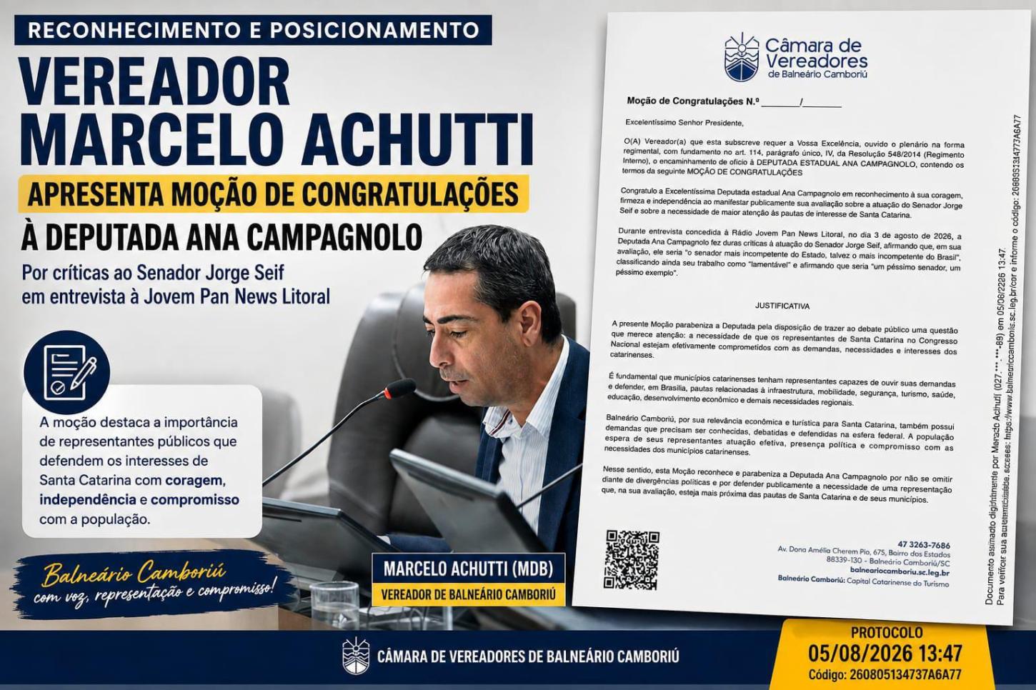 Vereador Achutti congratula Deputada pelo posicionamento em relação ao Senador Jorge Seif