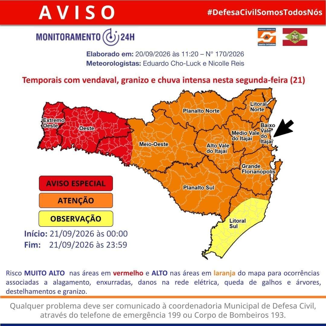 Defesa Civil alerta para temporais e chuva intensa nesta segunda-feira em Balneário Camboriú