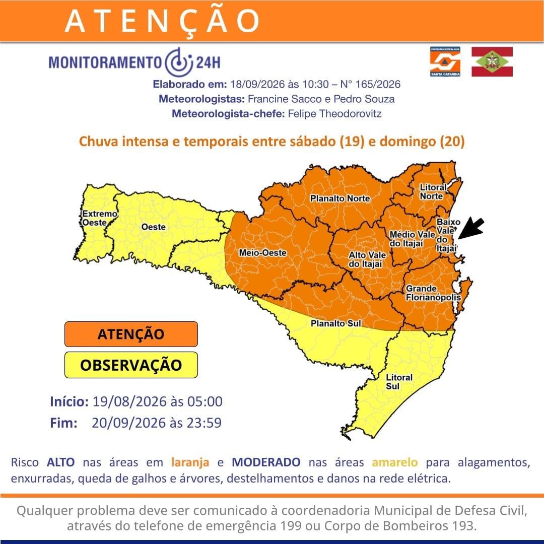 Defesa Civil alerta para temporais e chuva intensa neste fim de semana em Balneário Camboriú 