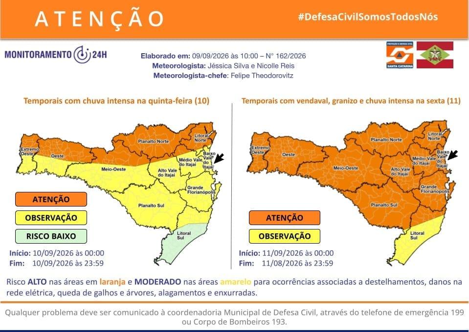Defesa Civil de Balneário Camboriú alerta para risco de temporais a partir desta sexta-feira