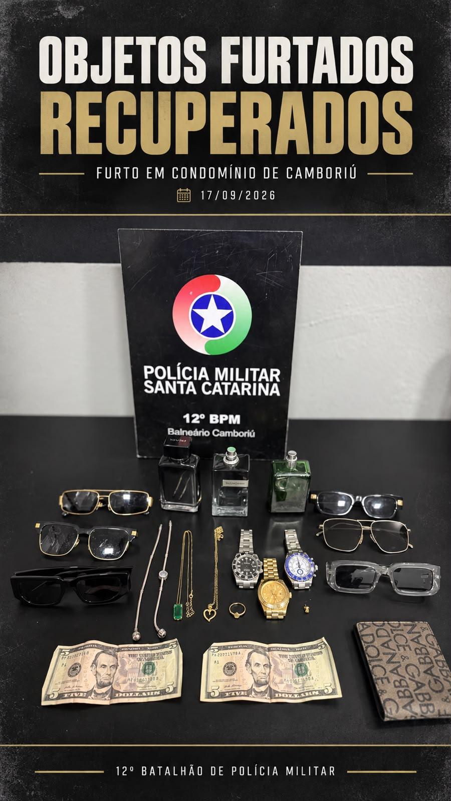 Polícia Militar recupera relógios e outros objetos furtados em condomínio de Camboriú
