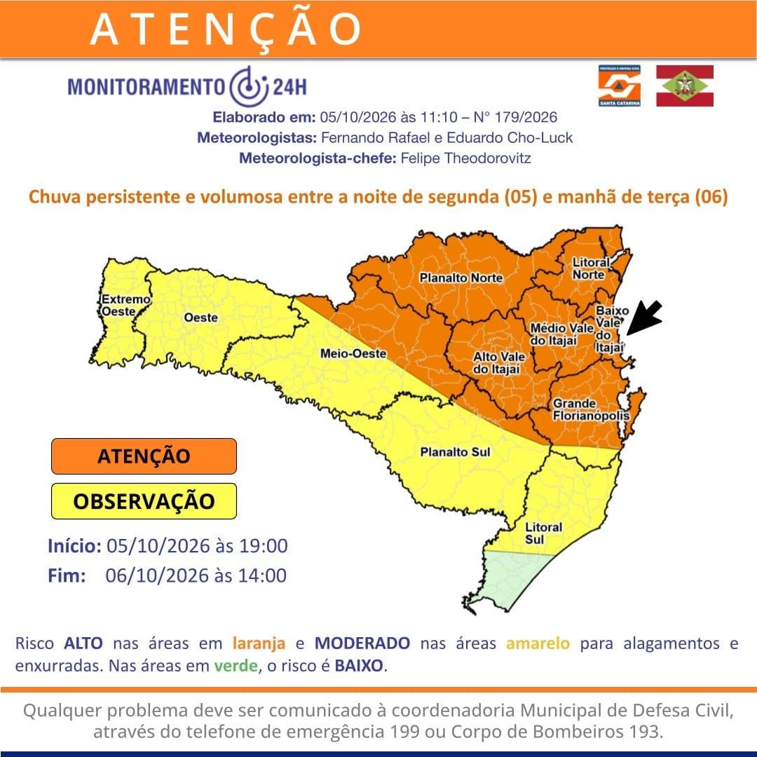 Defesa Civil alerta para chuva persistente e volumosa entre segunda e terça-feira