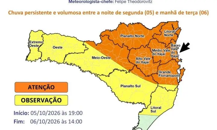 Defesa Civil alerta para chuva persistente e volumosa entre segunda e terça-feira