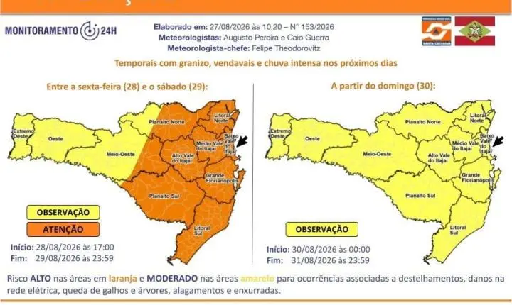 Defesa Civil alerta para temporais com granizo e chuva intensa entre sexta-feira e sábado