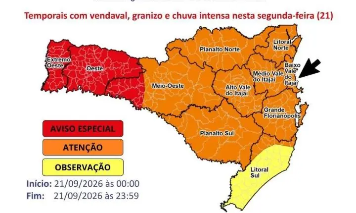 Defesa Civil alerta para temporais e chuva intensa nesta segunda-feira em Balneário Camboriú