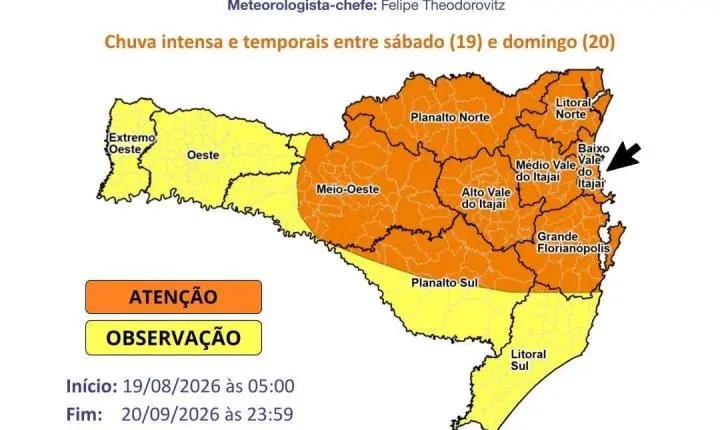 Defesa Civil alerta para temporais e chuva intensa neste fim de semana em Balneário Camboriú 