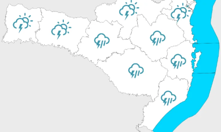 Domingo e segunda-feira com atenção para chuva volumosa e temporais em Santa Catarina