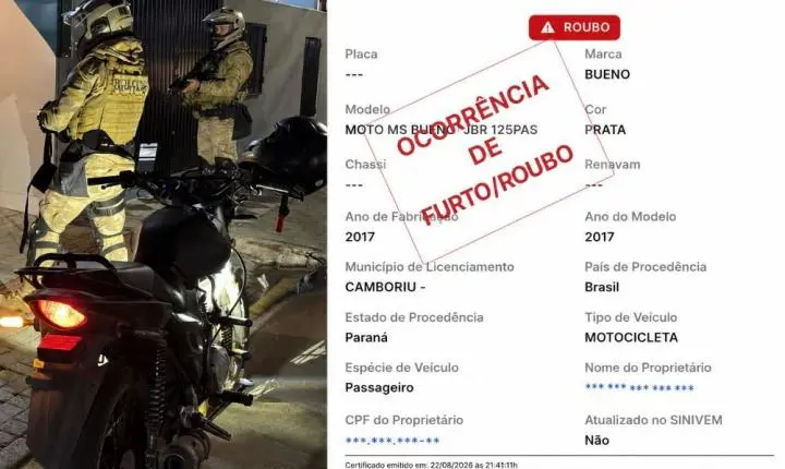 Polícia Militar de Itajaí recupera motocicleta furtada e prende homem por receptação culposa