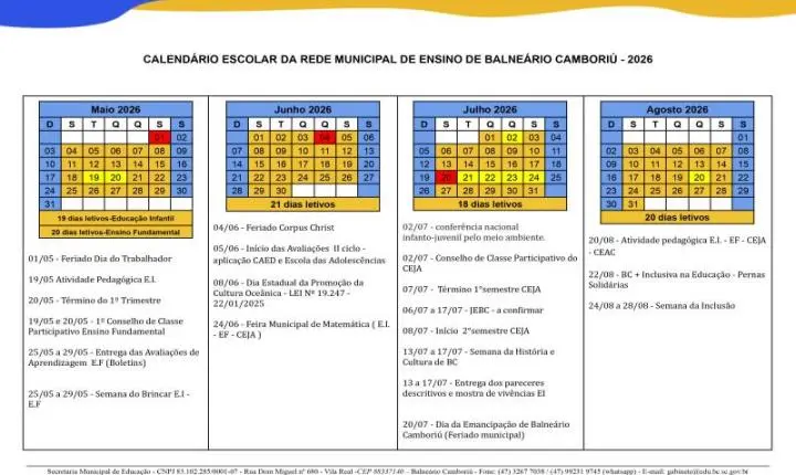 Recesso de inverno da Rede Municipal de Ensino de Balneário Camboriú inicia no próximo dia 21
